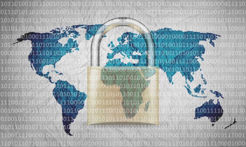 A world map overlaid with binary digits symbolizing e-commerce, with a large lock placed in the center to emphasize cybersecurity