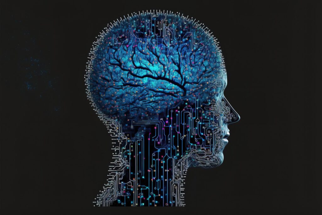 A transparent profile of a human head displayed as a circuit board with a complex matrix of connections symbolizing Web3